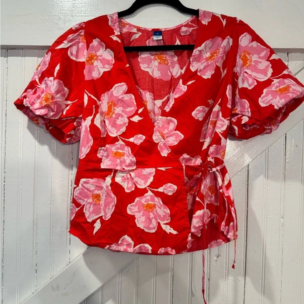 Old Navy Red Pink Floral Wrap Blouse Medium